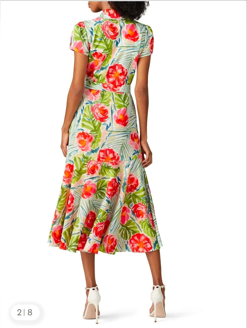 Badgley Mischka Tropical Floral V-Neck Midi Dress in Green and Red - Size 16 - Picture 2 of 12